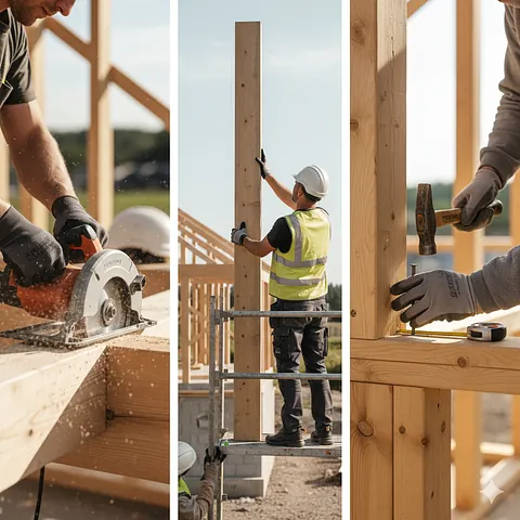 Kollasje som viser snekkere som sager, monterer og hamrer på et råbygg i tre.